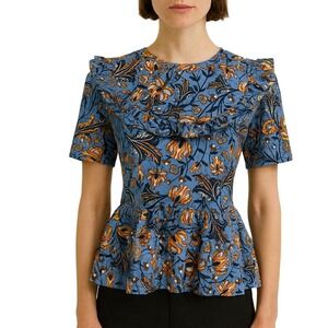 Zara Boho Floral Ruffle Peplum Top‎ Blue Orange Size S Short Sleeve Blouse